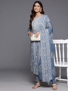 Blue Cotton Blend Abstract Print & Embroidered Suit Set with Dupatta Bandhani Print Cambric Sets For Eid, Diwali Cotton Anarkali Set With Print, Diwali Bandhani Print Cambric Sets, Cotton Straight Kurta Sets For Eid, Blue Traditional Printed Sets, Bandhani Print Mulmul Sets For Eid, Diwali Printed Cotton Anarkali Set, Diwali Cotton Printed Anarkali Set, Block Print Cambric Straight Kurta Set