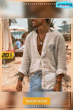 Men's Linen Shirt Shirt Summer Shirt Beach Shirt Turndown Summer Spring Long Sleeve White Blue Green Graphic Outdoor Street Clothing Apparel Button-down Casual Beach Shirt With Button Closure, Cotton Shirt With Button Closure For Beach Season, Beach Shirt With Pockets, Beach Season Shirt With Button Closure, Beach Season Cotton Shirt With Casual Collar, Beach Shirt With Pockets For Spring, Cotton Button-up Shirt For Beach Season, Beach Season Cotton Button-up Shirt, Button-up Tops With Pockets For Beach Season