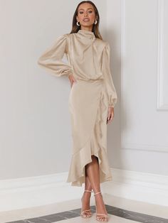 Champagne Fold Turtleneck, High Low Midi Dress, Evening Dresses With Sleeves, Satin Long Sleeve, Dress Sleeve Styles, Split Maxi Dress, Mini Robes, Elegant Dresses For Women, Hip Dress