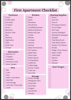 a pink checklist with the words'first apartment checklist'in black and white