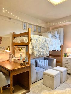 a loft bed sitting next to a desk and chair in a room with white carpet