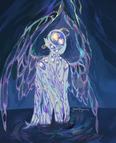 a painting of an angel standing in front of a dark blue background with glowing eyes