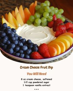 a plate filled with fruit and cream cheese dip for a healthy snack or appetizer