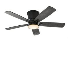 a black ceiling fan with three blades and a light on the bottom one is turned off