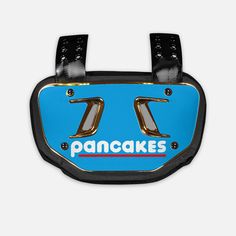 a blue and black purse with the word pancakes on it's front flaps