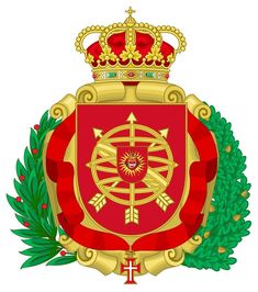 a red and gold coat of arms with a crown on top, surrounded by green leaves