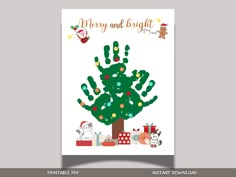 a christmas card with a handprinted tree and presents on the bottom, merry and bright