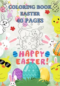 an easter coloring book with the words happy easter written on it and some cartoon animals