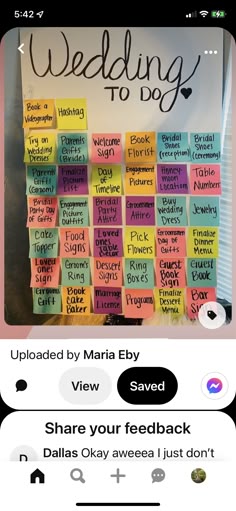 the wedding to do list is displayed on an iphone screen, with notes attached to it