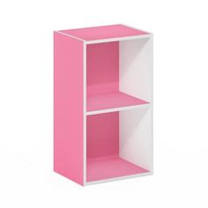 a pink and white shelf with two shelves on each side, against a white background