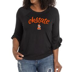 Finish any Oklahoma State Cowboys outfit with this Renatta Ruffle Sleeve Top. It features team graphics across the chest and ruffle sleeves for a stylish touch. Tailgating before the game or cheering in the stands, show school spirit with this Oklahoma State Cowboys top. Fall Fan Apparel Top With Team Logo, Black Collegiate Tops For Fall, Fan Apparel Tops With Team Logo For Fall, Fan Apparel Top With Team Logo For Fall, Cheerleading Tops For Fall, Black Stretch Tops For Cheerleading, Collegiate Fall Fan Gear Tops, Fall Fan Gear Tops With Team Name, Black Varsity Top For Game Day