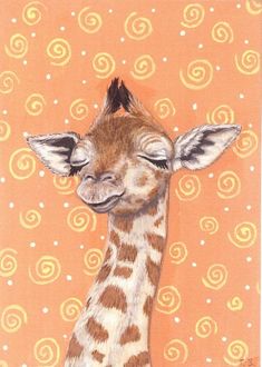 a giraffe with its eyes closed on an orange background