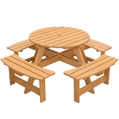 a wooden picnic table with four benches