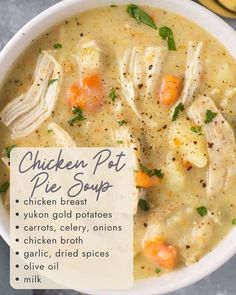 chicken pot pie soup in a white bowl with a sign on it that says, chicken pot pie soup