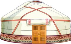 a drawing of a yurt with two doors and red ribbon around the door,