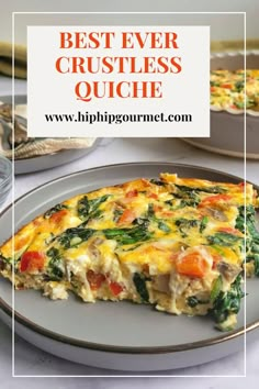 the best ever crustless quiche with spinach, tomatoes and cheese on it