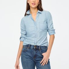 Petite chambray shirt in signature fit Chambray Denim Top For Fall, Relaxed Fit Light Wash Denim Top, Classic Light Wash Denim Top For Everyday, Light Wash Denim Top For Everyday, Everyday Medium Wash Chambray Tops, Light Wash Classic Denim Top For Work, Everyday Chambray Tops, Trendy Denim Top For Everyday, Classic Dark Wash Cotton Tops