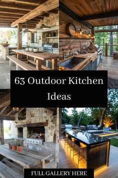 an outdoor kitchen that is built into the side of a wooden building with text overlay reading, 65 outdoor kitchen ideas full gallery here