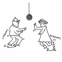 a cartoon drawing of two people trying to catch a ball hanging from a string above them