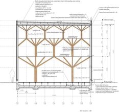 an architectural drawing shows the details of a building with wooden framing and wood slats