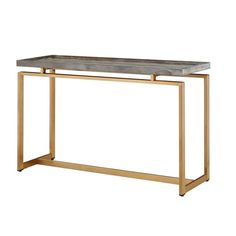 a gold metal and wood console table with a marble top on an isolated white background