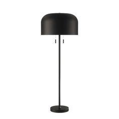 a black floor lamp on a white background with the shade off and one light turned on