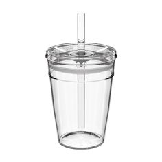 a clear cup with a straw sticking out of it's top and bottom, on a white background