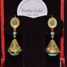 Gorgeous Italian Etruscan Revival 18k Solid Gold Dangle Drop Earrings. These Fob Pendant Earrings Feature A Stunning Textured, Beaded, Twisted Wire And Filigree Work Throughout Accented With Large Cabochon Turquoise Gems. The Design Is Very Fine, With Both Textured And High Shine Gold Finish Throughout. These Earrings Are Set With 18 Genuine Natural Turquoise Gems With A Gorgeous Sky Blue / Greenish Blue Color. Very Unique Gold And Blue Color Combination. These Earrings Are Made Of Solid 18k Yel Luxury Ceremonial Pierced Earrings, Luxury Turquoise Drop Earrings, Luxury Turquoise Dangle Earrings, Luxury Pierced Jewelry For Celebrations, Luxury Turquoise Gemstone Earrings, Elegant Ceremonial Gemstone Earrings, Elegant Gemstone Ceremonial Earrings, Luxury Turquoise Teardrop Jewelry, Turquoise Earrings For Evening