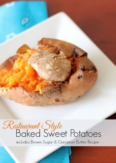 baked sweet potatoes on a white plate with blue napkins in the background and text overlay that reads restaurant style baked sweet potatoes