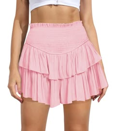 PRICES MAY VARY. 【Fabric】Womens Ruffle hem mini skirt is made of high-quality rayon fabric, soft and comfy, flowy and lightweight, skin-friendly and stretchly, makes you feeling well. 【Features】Shirred elastic high waist, stretchy smocked waistband, tiered ruffled layers, two-tiers of ruffles, flared flowy, fashion pleated hem, fully lined, inner lining, mini length, solid color, casual trendy style. This women's flowy skirt flows naturally when you walk and perfectly shows your charm. 【Occasion Flowy Fashion, Pink Ruffle Skirt, Flowy Mini Skirt, Mini Pleated Skirt, Tiered Mini Skirt, Feeling Well, Ruffle Mini Skirt, Hem Skirt, Mini Short