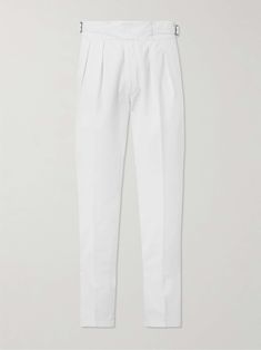 Shop RUBINACCI Manny Tapered Pleated Cotton-Twill Trousers, Explore the latest in-season RUBINACCI collection today on MR PORTER Classic Pleated Bottoms For Daywear, Elegant Pleated Cotton Bottoms, Fitted White Chinos With Straight Hem, White Fitted Chinos With Straight Hem, White Fitted Chinos For Work, Fitted White Chinos For Work, Classic Fitted White Pants, Classic White Fitted Pants, Classic Fitted White Chinos