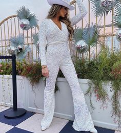 Glamorous V-neck Jumpsuit For Party, Glamorous V-neck Jumpsuits And Rompers For Party, Long Sleeve Sequin Jumpsuits For Date Night, Glamorous Jumpsuits And Rompers For Date Night, Long Sleeve Sequined Jumpsuits And Rompers For Date Night, Elegant V-neck Sequin Jumpsuits And Rompers, Glamorous Sequined Jumpsuits And Rompers For Party Season, Sequin V-neck Jumpsuits And Rompers For Party Season, Glamorous Spring Party Jumpsuits And Rompers