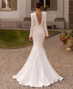 Elegant Long Crepe V-Neck Beaded Wedding Dresses Mermaid Ivory Buttons – Aegyia Beaded Wedding Dress Mermaid, Simple Satin Wedding Dress, Beaded Wedding Dresses, Wedding Dress Buttons, Wedding Dresses Elegant, Simple Satin, Satin Wedding Dresses, Elegant Bridal Gown, Dress For Bride