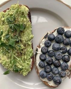 two pieces of bread with blueberries and avocado on them sitting on a plate