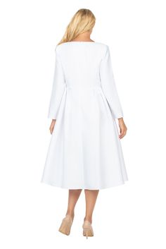 Giovanna D1567 1 piece Silky Twill V-neck A-line Dress w/ Brooch Colors: White Sizes: 8, 10, 12, 14, 14W, 16, 16W, 18, 18W, 20W, 22W, 24W, 26W, 28W