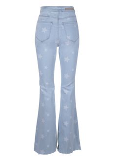 star print bell bottoms Trendy Blue Denim Flares, Trendy Summer Flare Jeans With Flared Hem, Trendy Blue Wide Leg Flares, Trendy Denim Flare Jeans With Star Print, Trendy Star Print Denim Flare Jeans, Blue Flared Hem Flares For Spring, Blue Flares With Flared Hem For Spring, Trendy Straight Leg Flare Jeans With Star Print, Denim Blue Cotton Flares