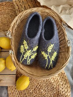 Felted handmade warm wool slippers "Wheat" with embroidery. Available size 39-40 EU (size 9 US) PLEASE kindly count +7 days extra  for crafting any other size.  Check these gorgeous  handmade wool felted slippers with embroidery, which become the greatest gift for  Christmas, new Year, Father's Day, Mother's Day, Halloween, Easter, wedding, retirement, anniversary, housewarming, or any other occasion. Slippers can be done for kids and adults, any size in three forms: open heel, closed heel, or high booties. Available colors: black, red, orange, pink, grey, white, green, blue, violet. 100% carded wool, genuine leather sole. Natural wool provides very warm and cozy sensation for your tired feet. Feel home, relax, and put you shoes on - you are home finally!  IMPORTANT Please, measure your fo Felted Wool Slippers, Easter Wedding, Shoe Molding, Felted Slippers, Wool Slippers, Bleu Violet, Old Newspaper, Halloween Easter, Open Toed Heels