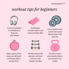 a pink poster with the words workout tips for beginners