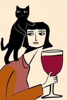 a woman holding a wine glass with a black cat on her shoulders, and a red wine glass in front of her