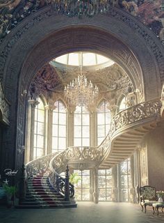 an ornate staircase and chandelier in a large room