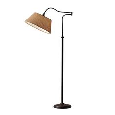 a floor lamp with a brown shade on the top and one light on the bottom