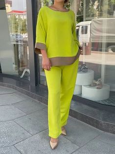 Loose Contrast Color Three-Quarter Sleeves Split-Side Round-Neck Shirts Top + Pants Bottom Two Pieces Set YELLOW-S Two Pieces, Elastic Waist, Round Neck, Wide Leg, Elastic, Yellow, Pants, Green, Dresses