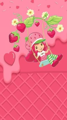 a girl is swinging on a swing with strawberries and strawberrys in the background