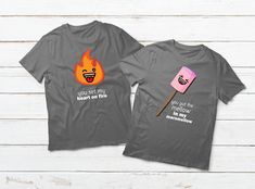 Campfire and Marshmallow Couples Matching Shirts Unisex T-shirt 100% combed and ring-spun cotton 4.3-ounce and 30 singles Rib-Knit Crew Neck Double-needle sleeves and hem Care Instructions: Machine wash inside out with like colors Non-Chlorine bleach only Tumble dry low Do not iron Do not dry clean MATCHIZZ Tribe!Join our tribe and get an instant download to printable greeting cards!http://bit.ly/matchizz-cards Couples Shirts Funny, Couple Shirts Matching, Camping Couple, Funny Couple Shirts, Couples Shirts, Funny Couple, Matching Couple Shirts, Funny Couples, Fire Heart