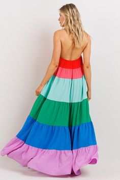 Introducing the Multi Maxi: the dress of dreams! Perfect for a sunny day in the park or a night on the town, this vibrant and eye-catching polyester wonder is sure to have you feeling your best. With a halter neck and low back, you'll look cool and confident with a pop of color. Now, let's get maxi-mum fashion! Multicolor Color Block Maxi Dress For Vacation, Multicolor Strapless Sundress For Day Out, Multicolor Strapless Sundress For Summer, Multicolor Strapless Summer Sundress, Green Color Block Dress For Vacation, Strapless Multicolor Summer Sundress, Strapless Multicolor Maxi Dress For Summer, Green Color Block Vacation Dress, Red Halter Neck Dress For Spring