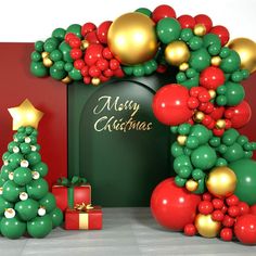 christmas decorations and presents in front of a green mailbox