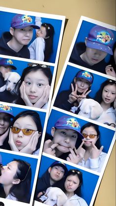 several pictures of people with hats and sunglasses posing for a photo booth at a party