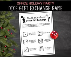 the office holiday party dice gift exchange game is on display next to a christmas tree