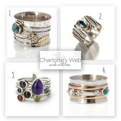 four different types of rings with names and pictures on the bottom one is for charlotte's web