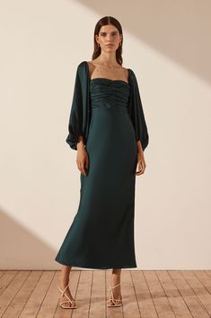 Luxe Ruched Bodice Long Sleeve Midi Dress | Emerald | Dresses | Shona Joy September Wedding Guest, Formal Midi Dress, Shona Joy Dress, Long Sleeve Satin Dress, Winter Celebration, Formal Wedding Guest Dress, Emerald Dresses, Midi Dress Formal, Bridesmaid Ideas